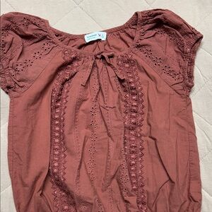 Beautees Rust Brown Eyelet Tie-Front Puff Sleeve Top